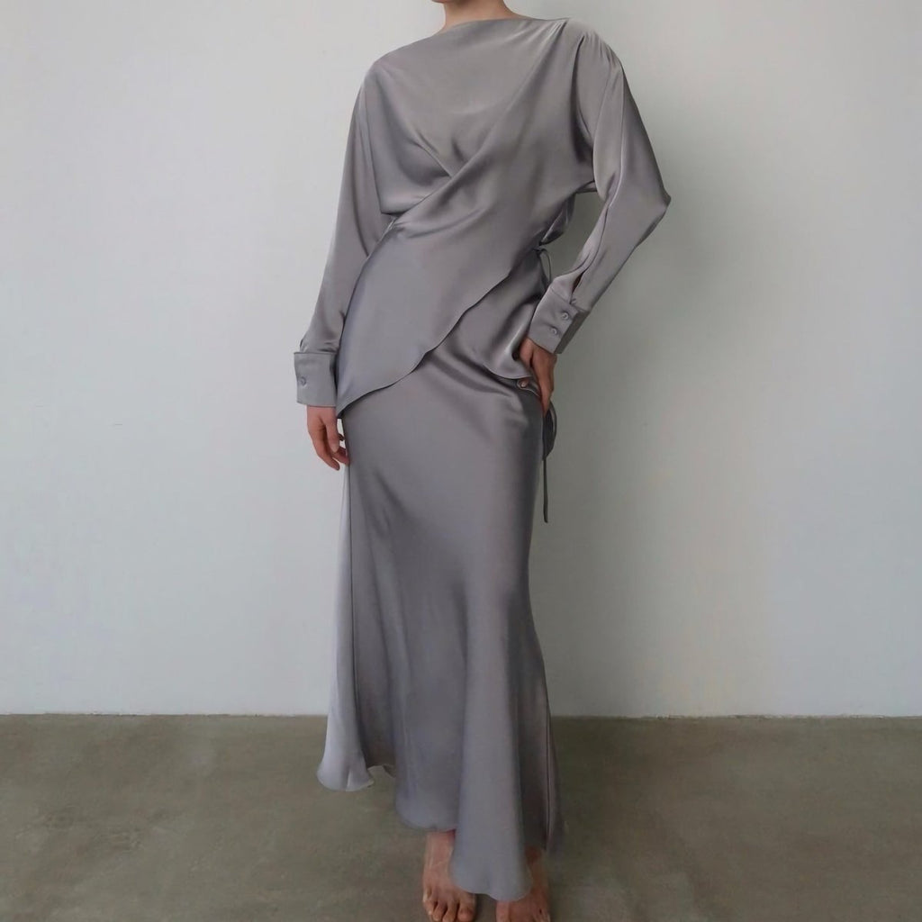 Draped Wrap Top & Maxi Skirt Set(MS333)