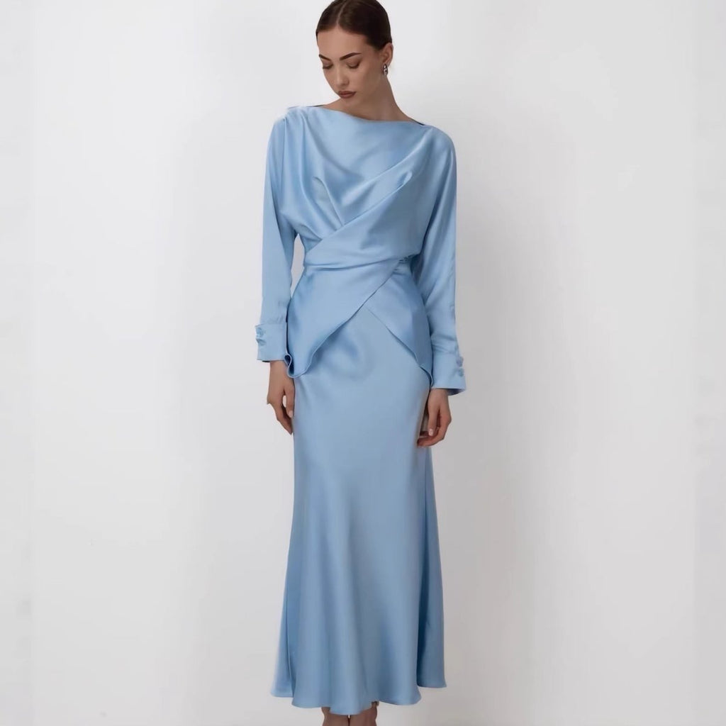 Draped Wrap Top & Maxi Skirt Set(MS333)
