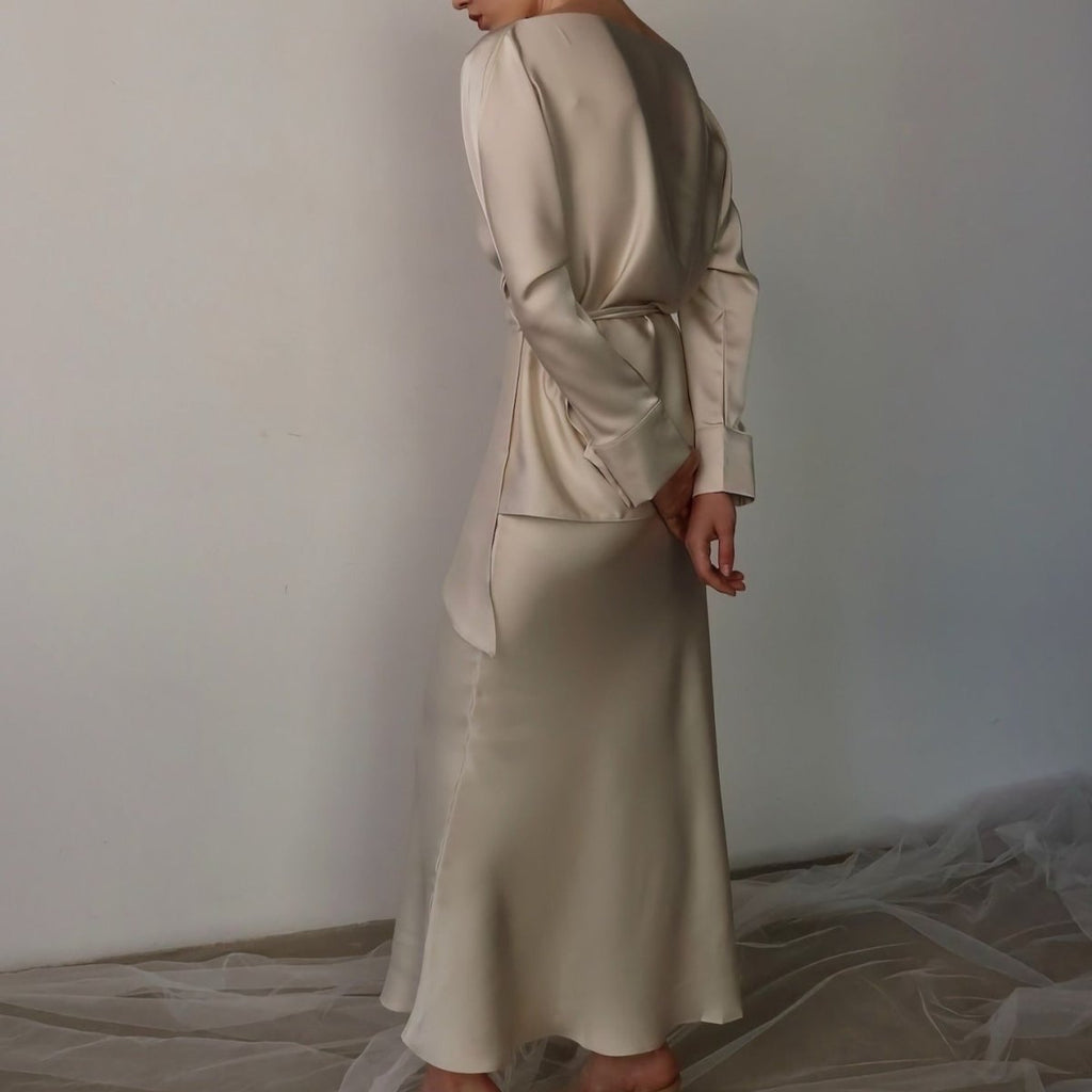 Draped Wrap Top & Maxi Skirt Set(MS333)