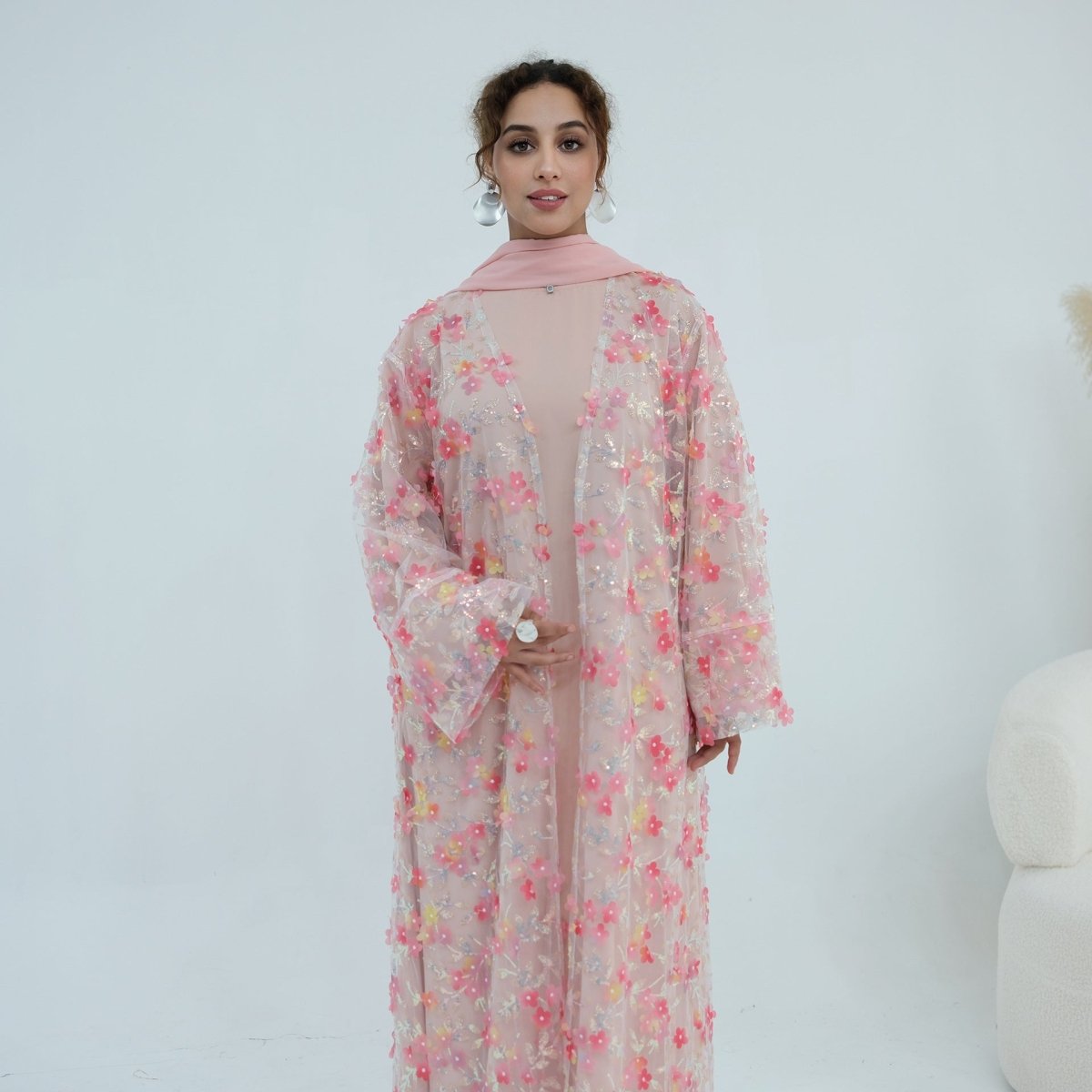 Dreamy 3D Flower Mesh Open Abaya Set(MOA313)