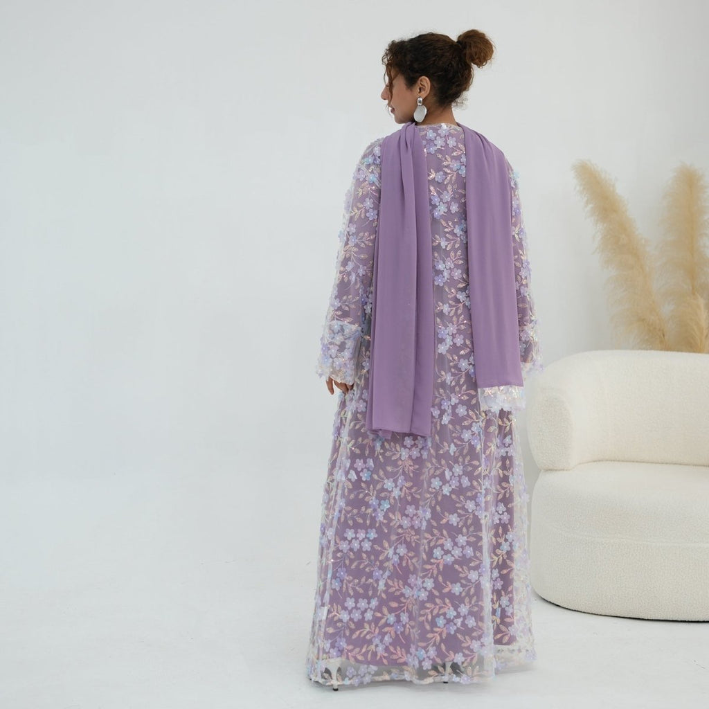 Dreamy 3D Flower Mesh Open Abaya Set(MOA313)