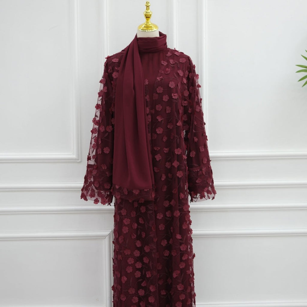 Dreamy 3D Flower Mesh Open Abaya Set(MOA313)