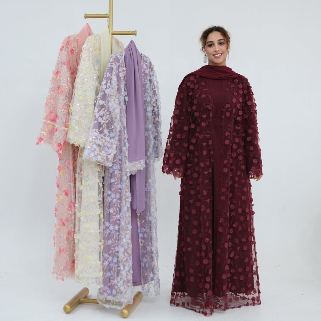 Dreamy 3D Flower Mesh Open Abaya Set(MOA313)