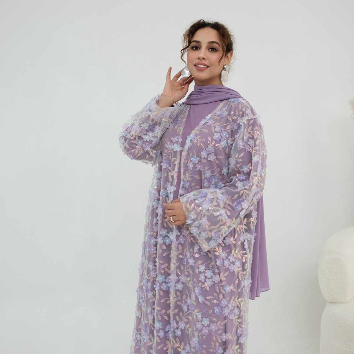 Dreamy 3D Flower Mesh Open Abaya Set(MOA313)