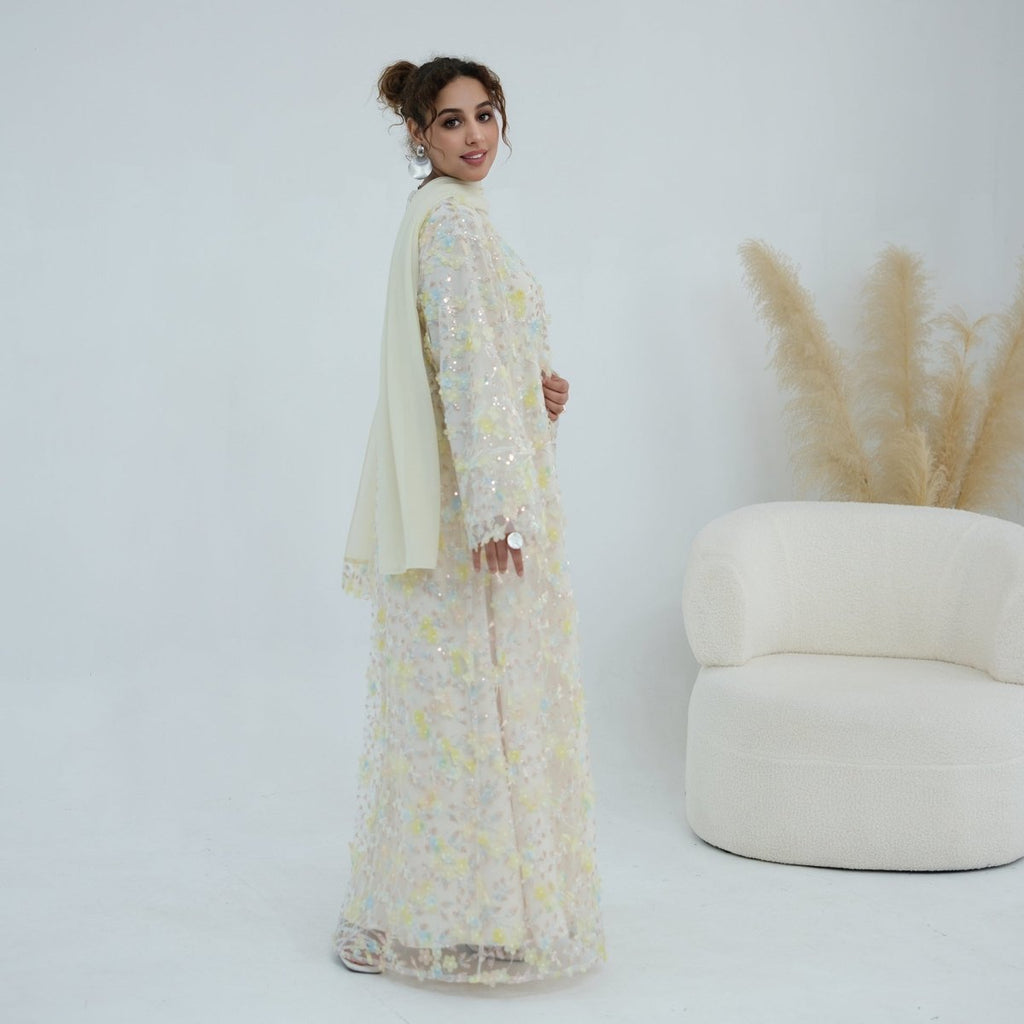 Dreamy 3D Flower Mesh Open Abaya Set(MOA313)