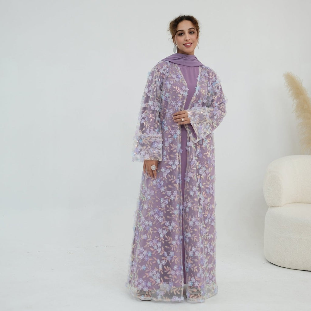 Dreamy 3D Flower Mesh Open Abaya Set(MOA313)