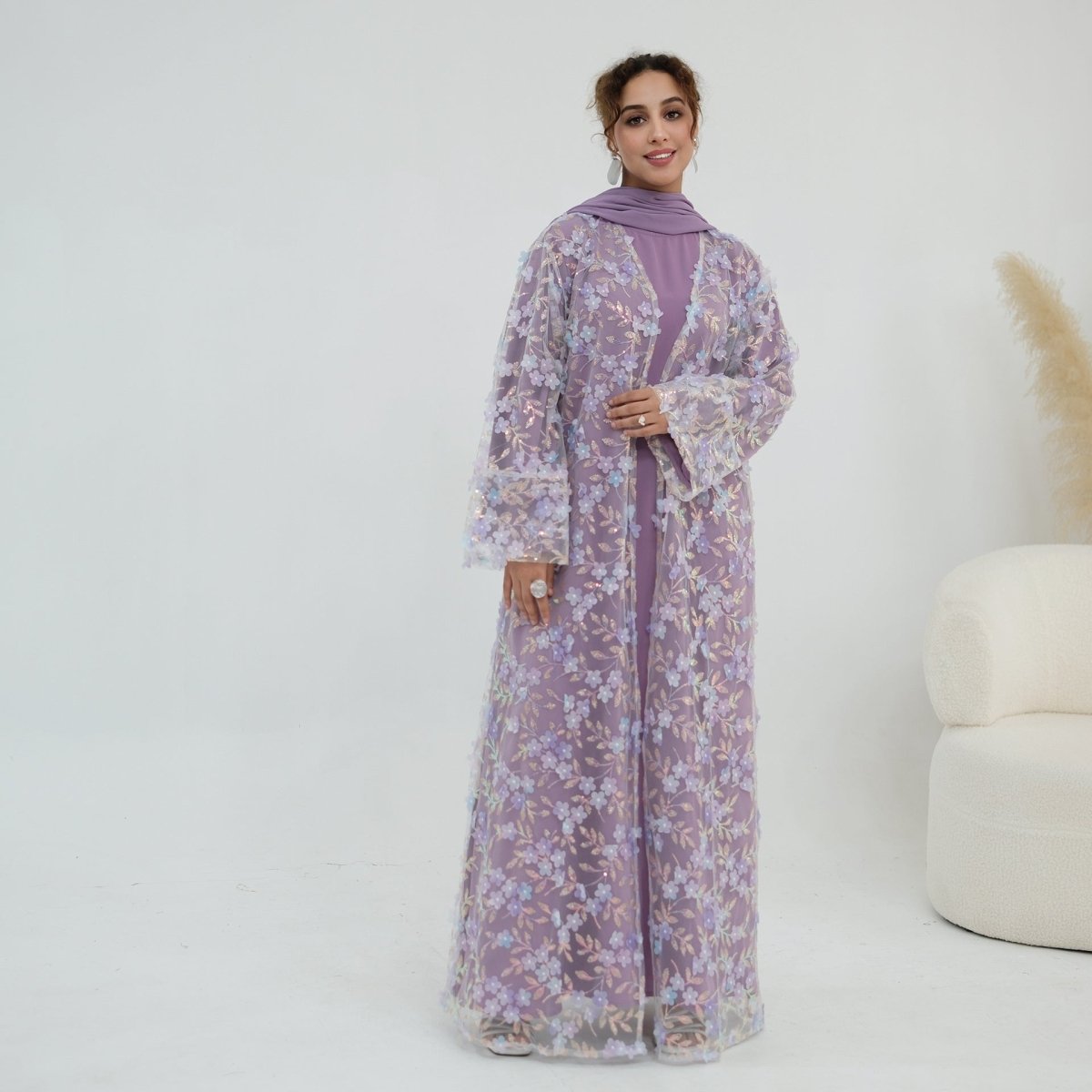 Dreamy 3D Flower Mesh Open Abaya Set(MOA313)