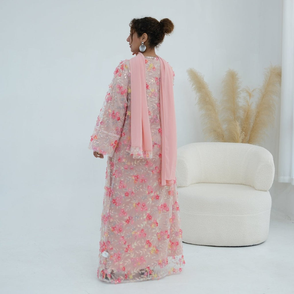 Dreamy 3D Flower Mesh Open Abaya Set(MOA313)