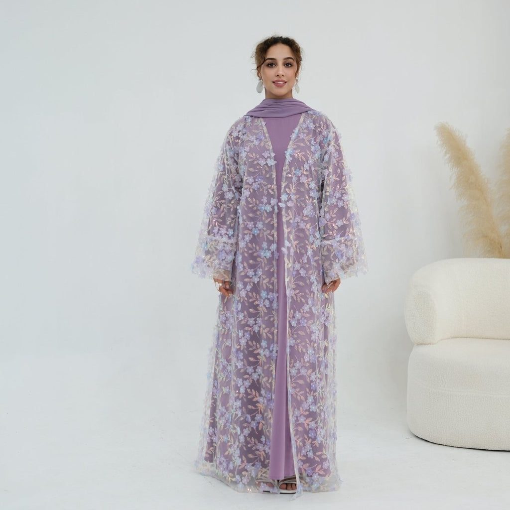 Dreamy 3D Flower Mesh Open Abaya Set(MOA313)