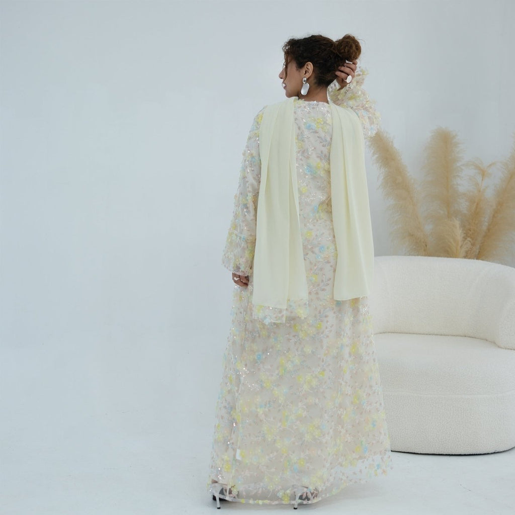 Dreamy 3D Flower Mesh Open Abaya Set(MOA313)