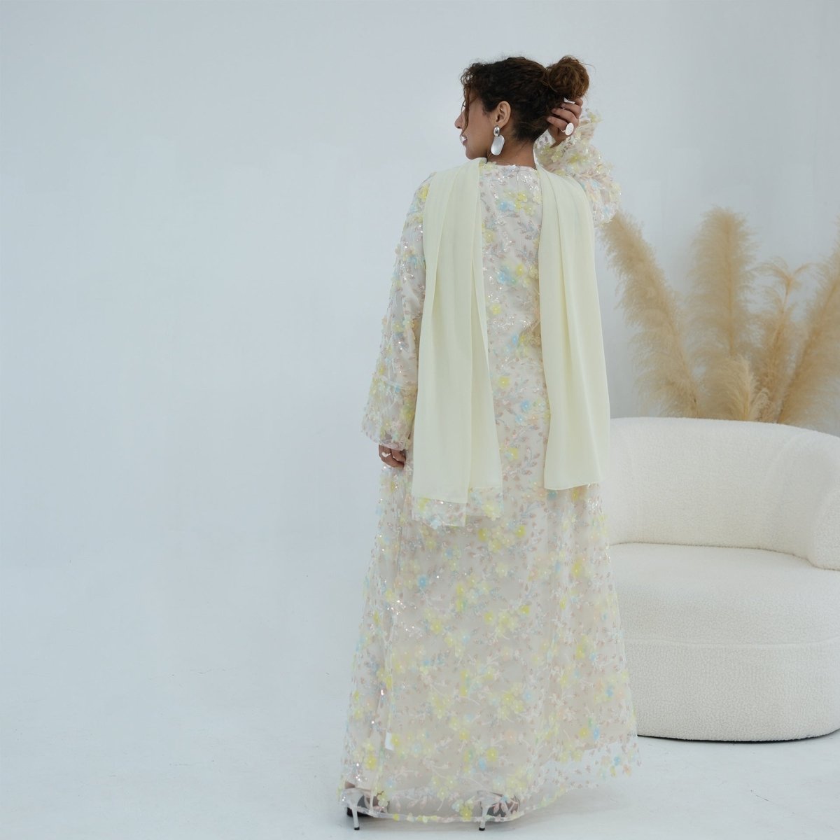 Dreamy 3D Flower Mesh Open Abaya Set(MOA313)