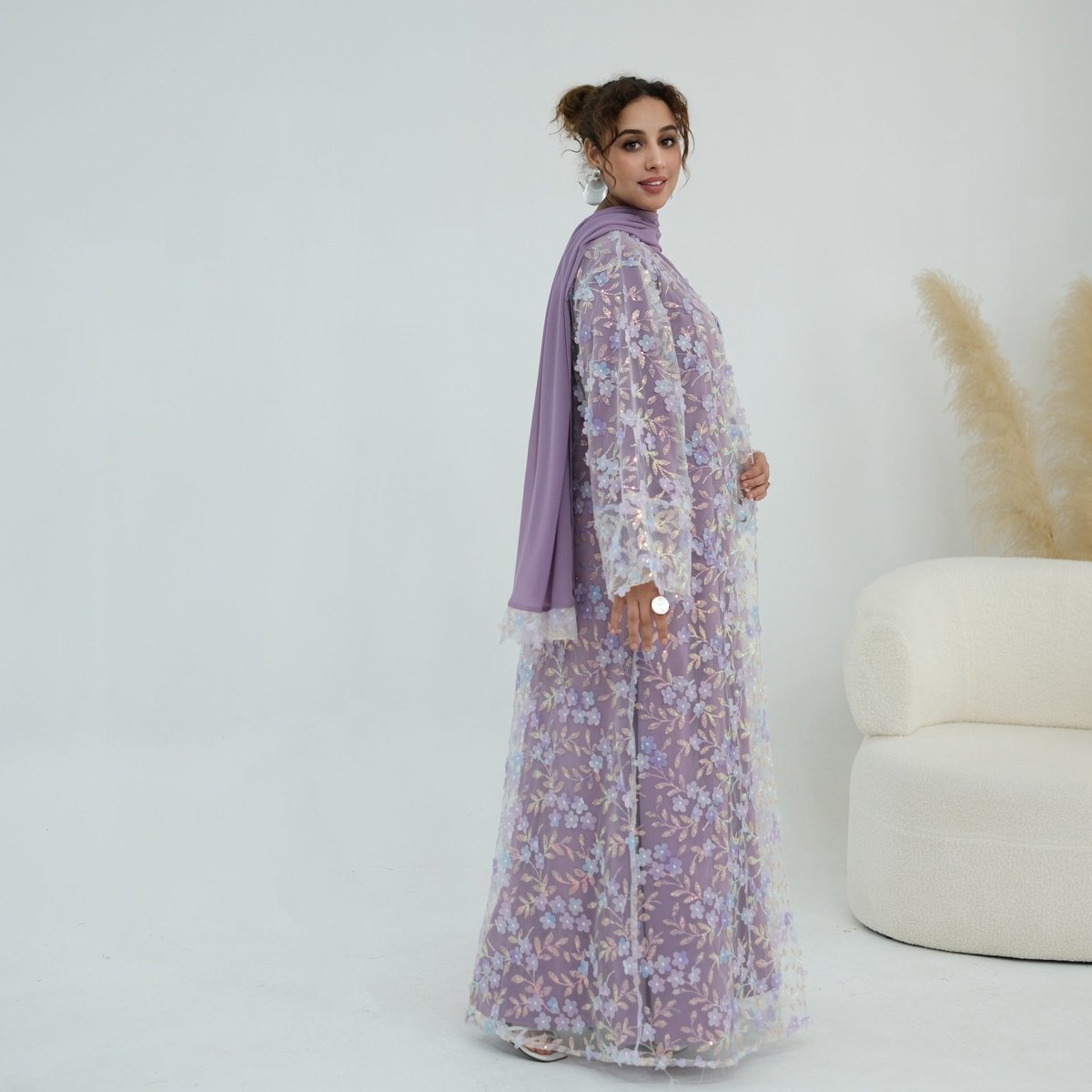 Dreamy 3D Flower Mesh Open Abaya Set(MOA313)
