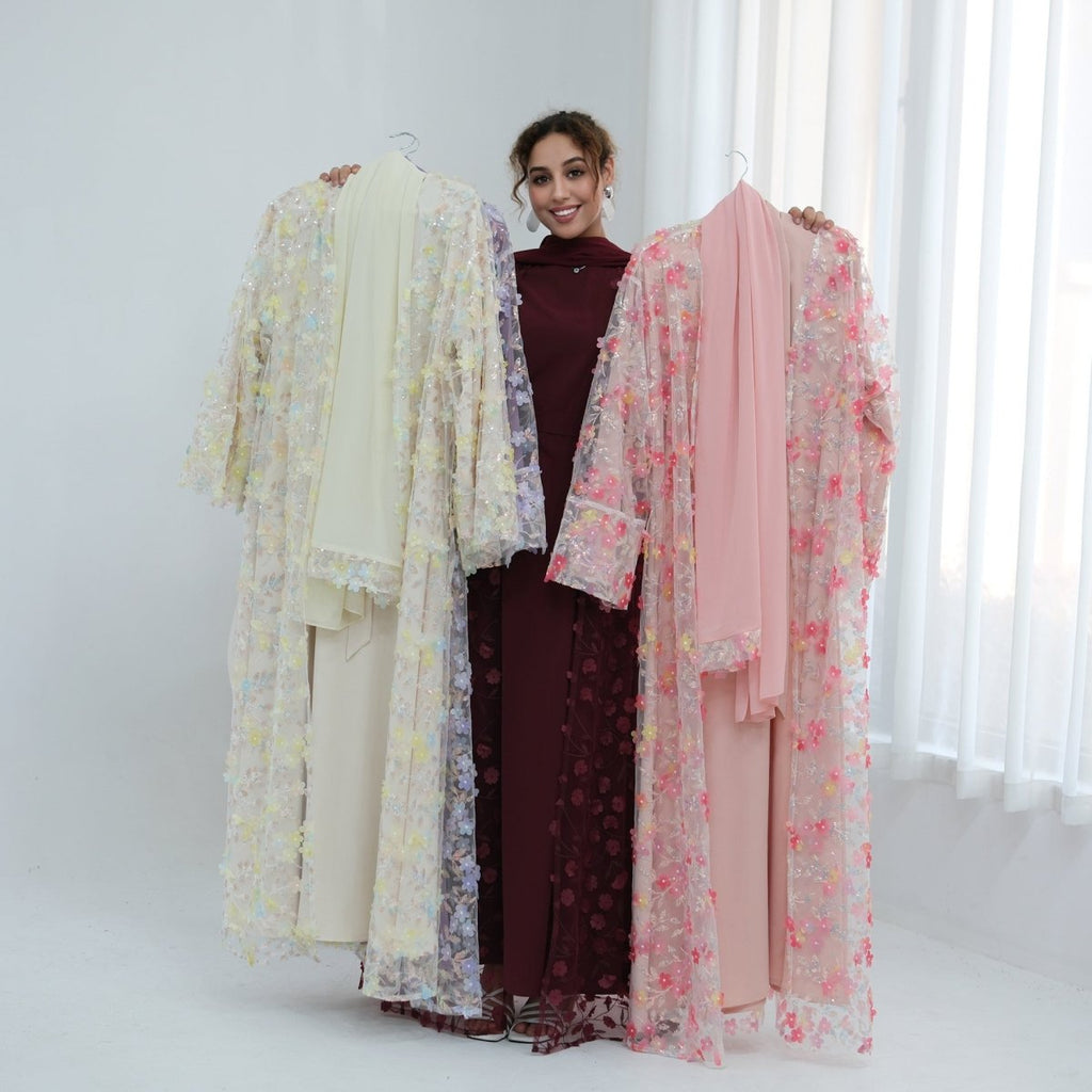 Dreamy 3D Flower Mesh Open Abaya Set(MOA313)