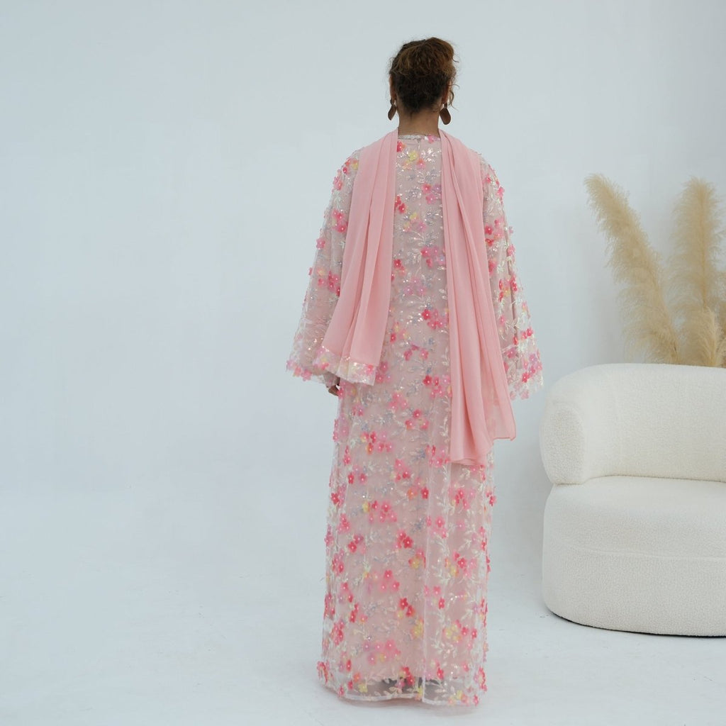 Dreamy 3D Flower Mesh Open Abaya Set(MOA313)