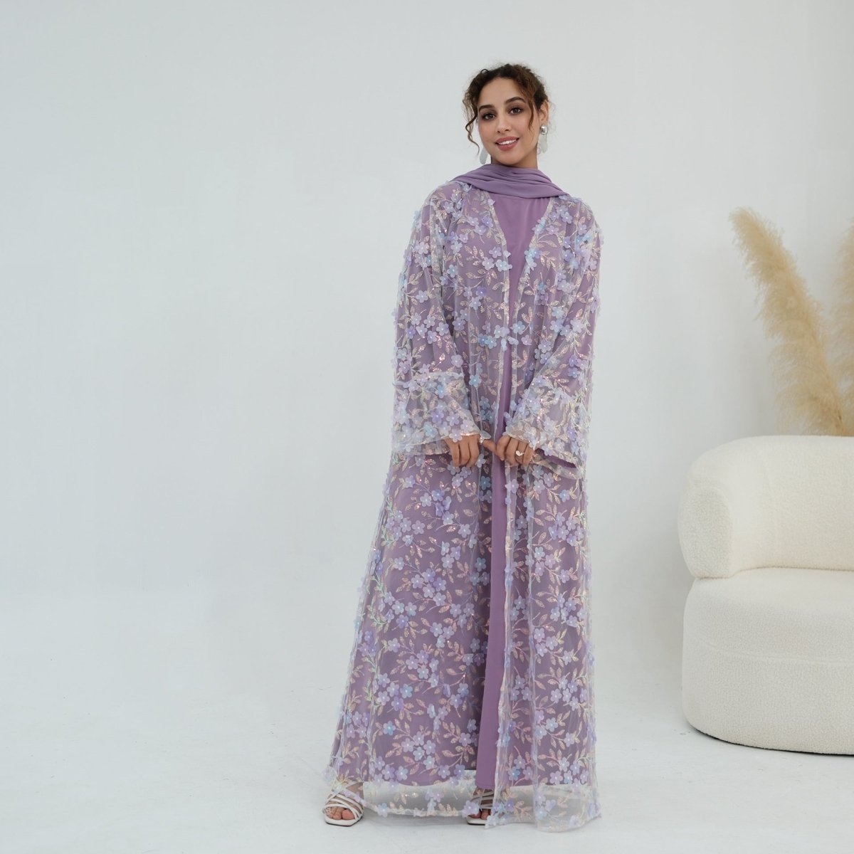 Dreamy 3D Flower Mesh Open Abaya Set(MOA313)
