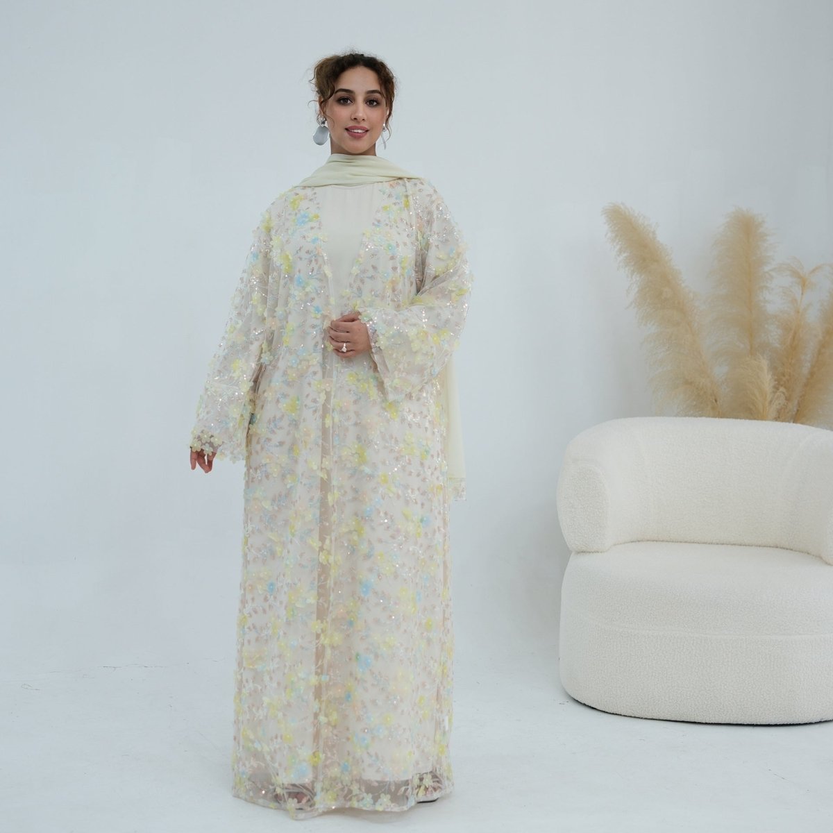 Dreamy 3D Flower Mesh Open Abaya Set(MOA313)