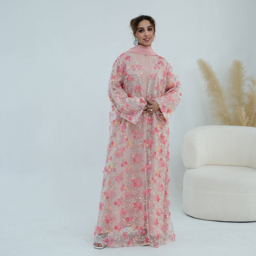 Dreamy 3D Flower Mesh Open Abaya Set(MOA313)