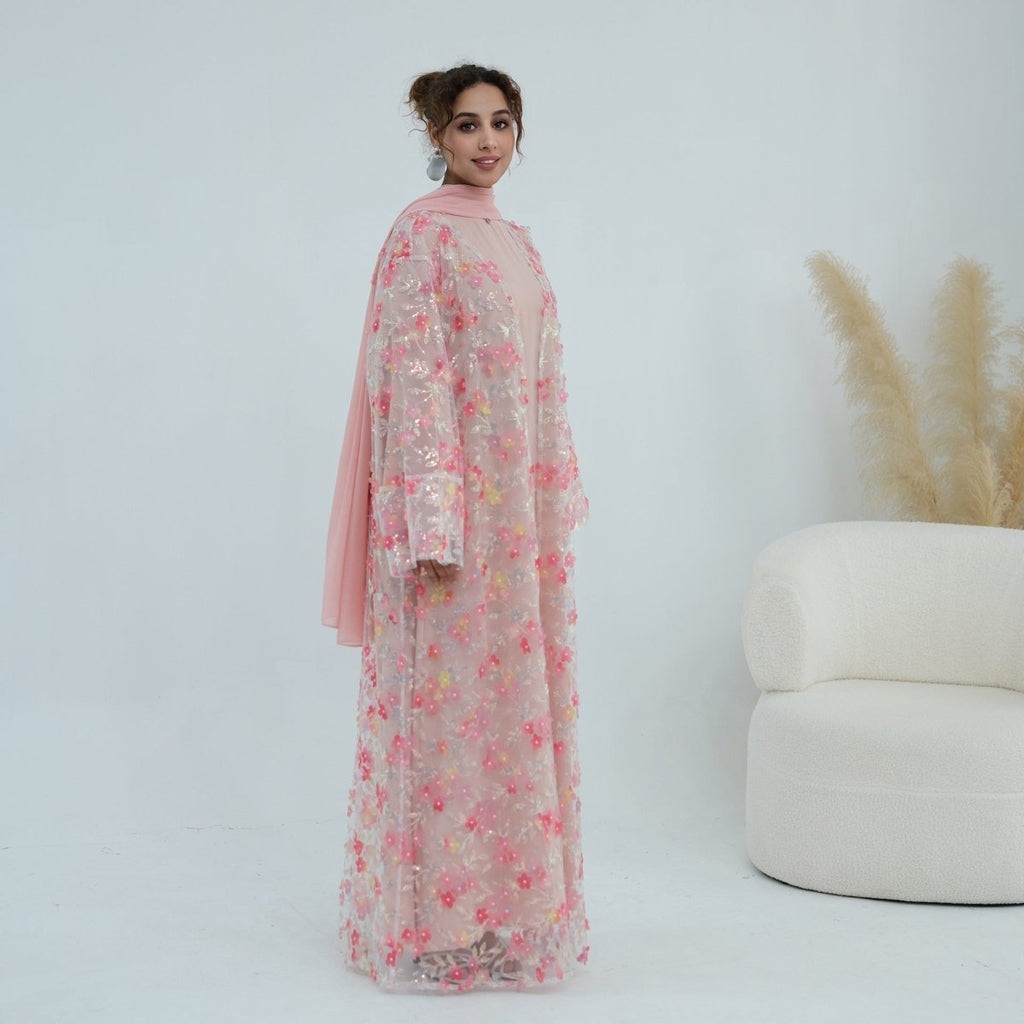 Dreamy 3D Flower Mesh Open Abaya Set(MOA313)