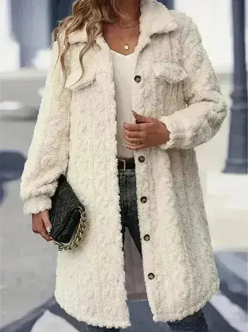 Fuzzy Button-Up Longline Coat - Oversized Polyester Topper | Femstylo