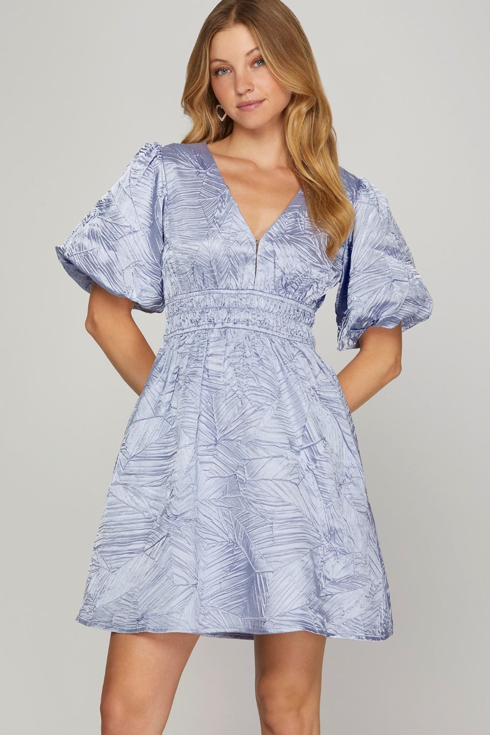 New Crinkle Woven V-Neck Balloon Sleeve Mini Dress – Chic and Feminine Mini Dress with Crinkle Woven Fabric, V-Neckline, and Trendy Balloon Sleeves