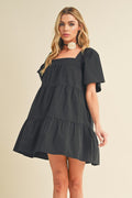 Square Neck Half Sleeve Tiered Summer Dress For Women–Elegant & Flattering with Ruched Detail & Chic Tiered Design