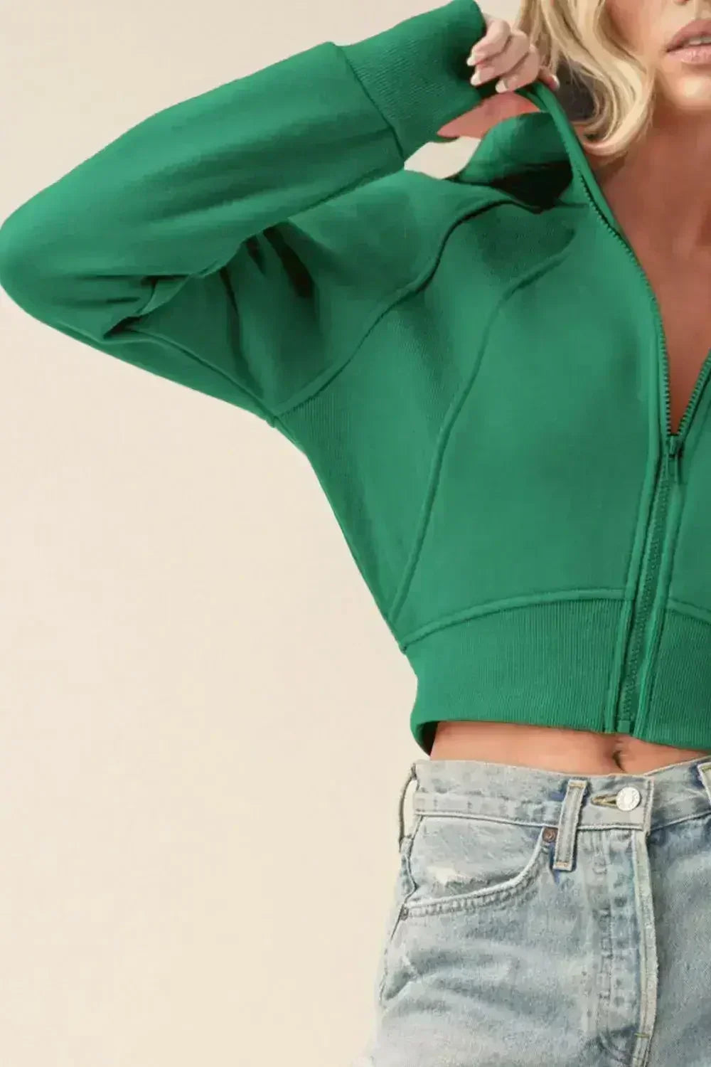 Zip Up Cropped Hoodie - Raglan Sleeve Top | Femstylo