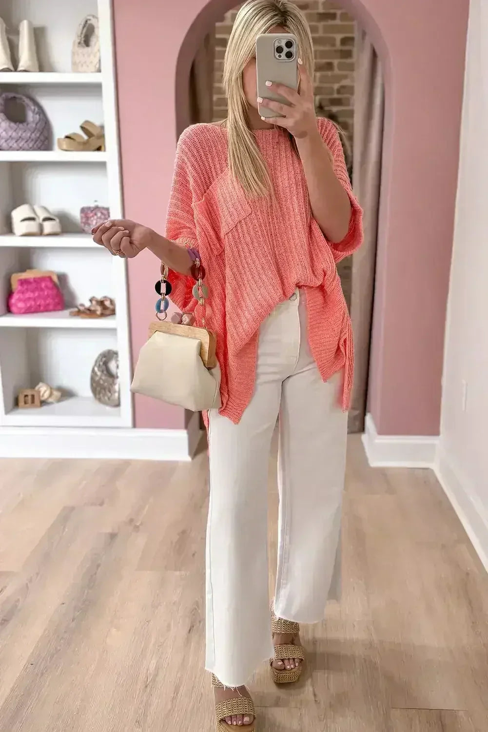 Salmon Rolled Cuff Knit Tee - Oversized Comfort | Femstylo