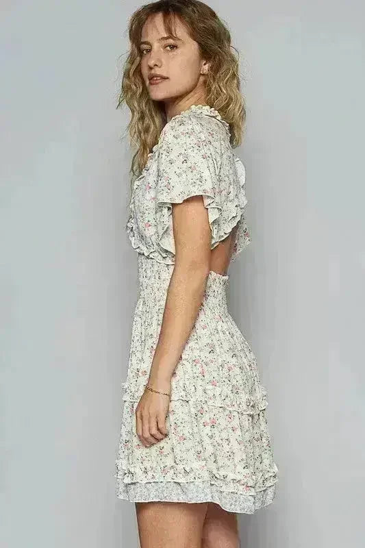 Floral V-Neck Mini Dress with Cutout Back & Frill - Femstylo