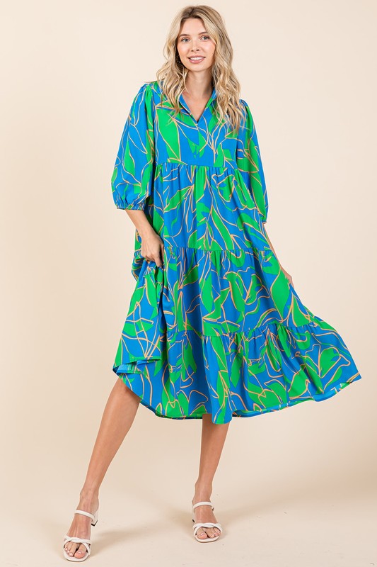 New Summer Tiered Printed Collared Neck Midi Dress – Chic and Sophisticated Midi Dress with Layered Design and Polished Collared Neckline