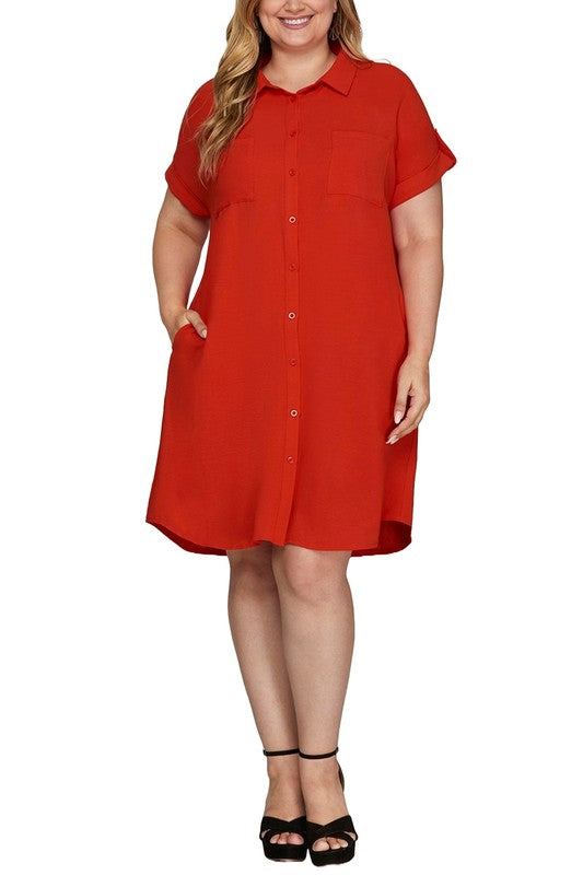 Deep Red Full Size Button-Down Short Sleeve Shirt Dress Plus Size Casual Women Simple Home Dress