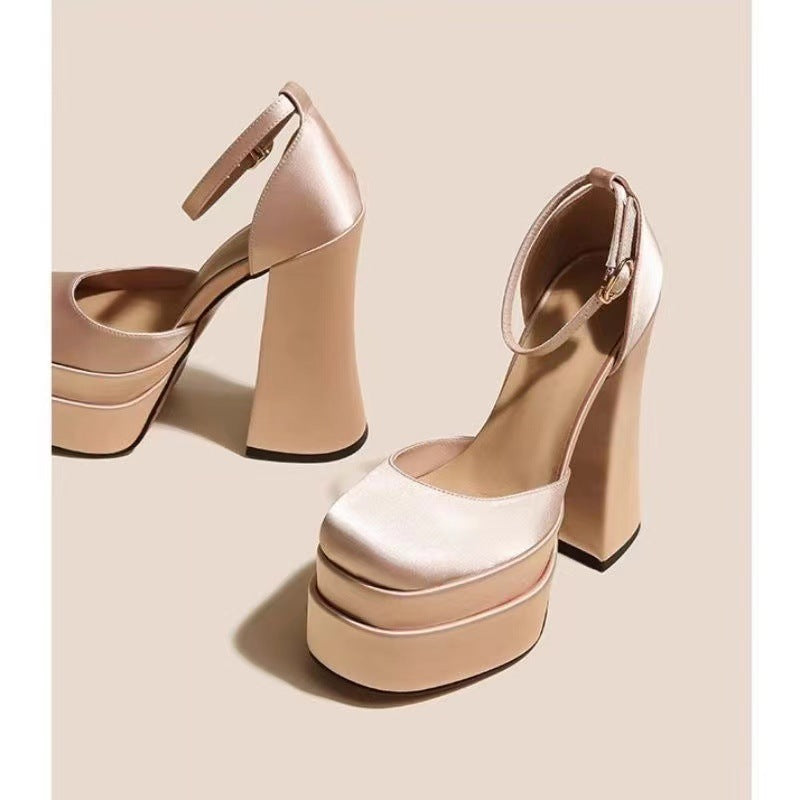 Women's Mary Jane Platform Heels - Chunky Heel Satin Pumps with Rhinestone Strap