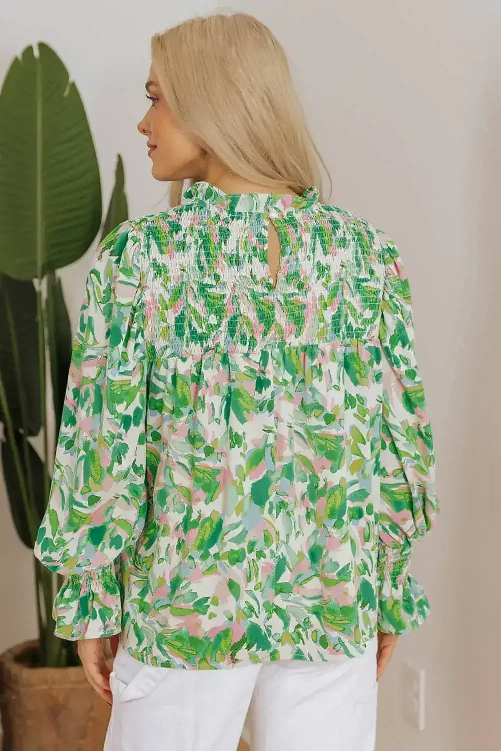 Leaf Print Flounce Sleeve Blouse - Botanical Top | Femstylo