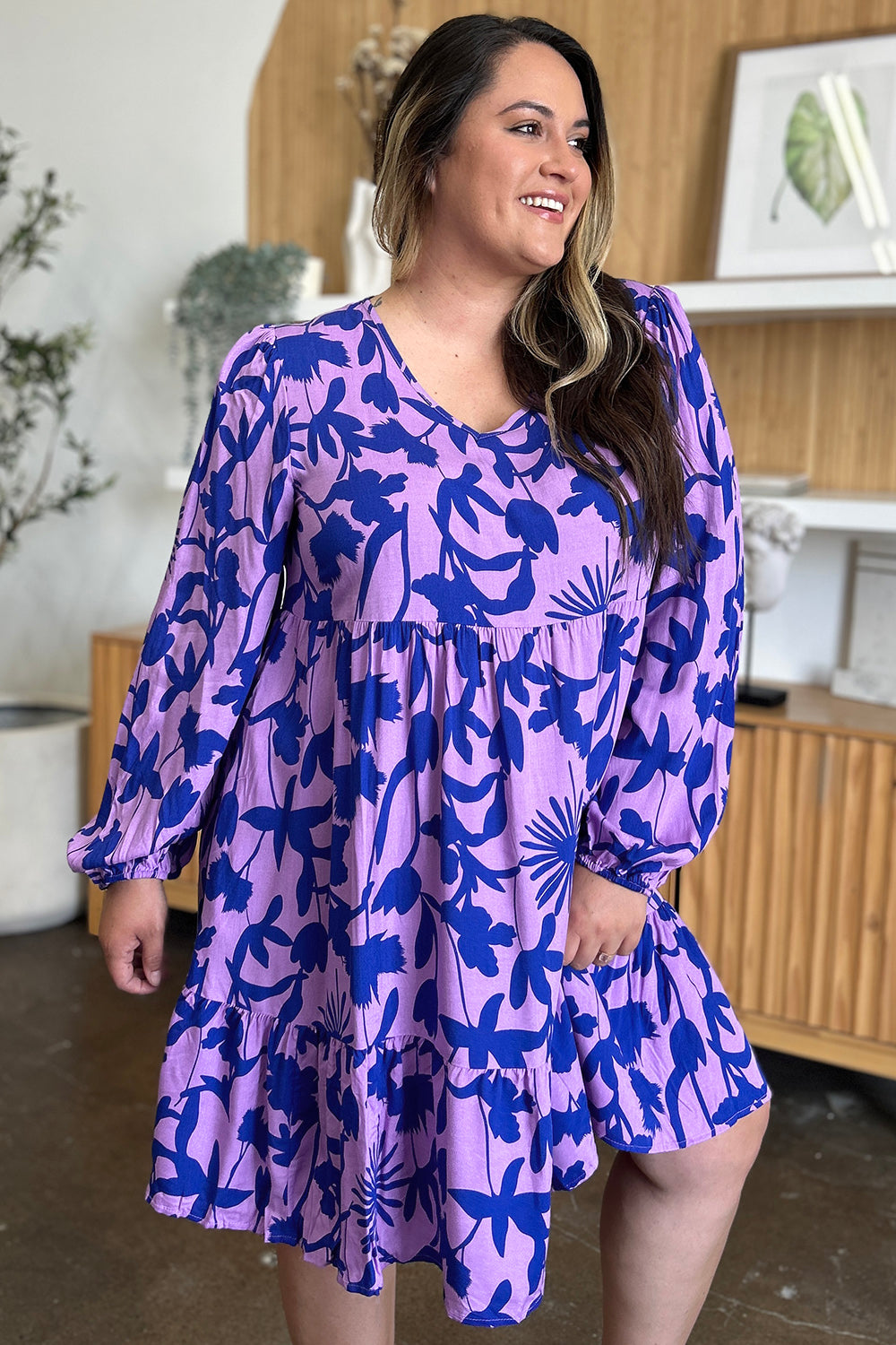 Double Take Full Size Printed Ruffle Hem Dress with Pocket Stylish & Functional Women Dress