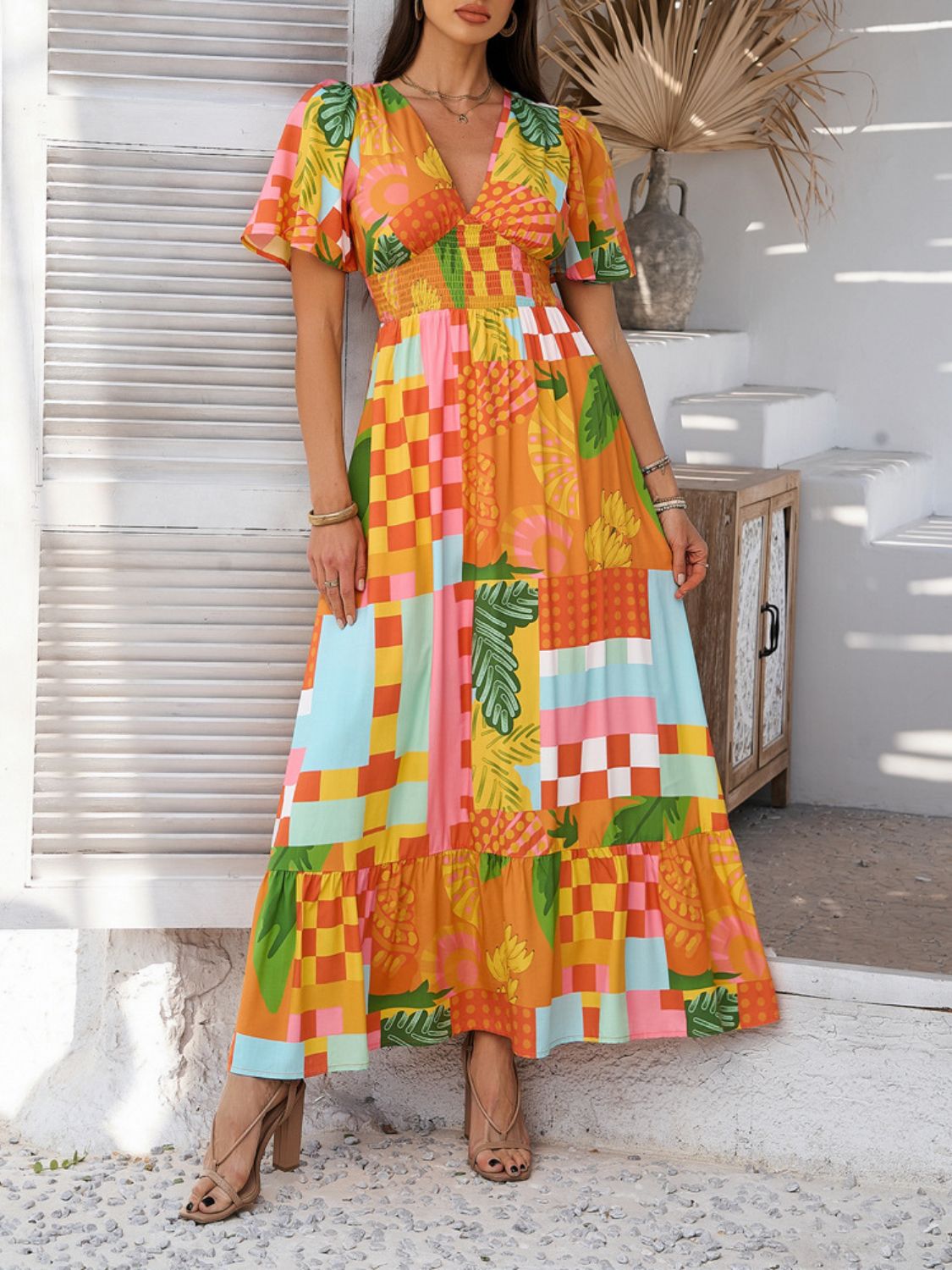 Elegant Printed V-Neck Short Sleeve Maxi Dress Beautiful Casual Women Long Dress