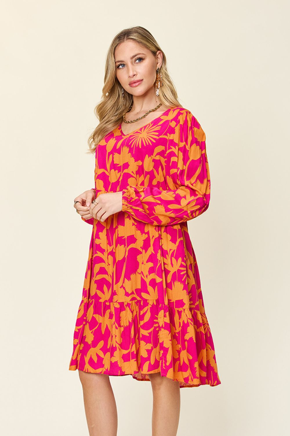 Double Take Full Size Printed Ruffle Hem Dress with Pocket Stylish & Functional Women Dress
