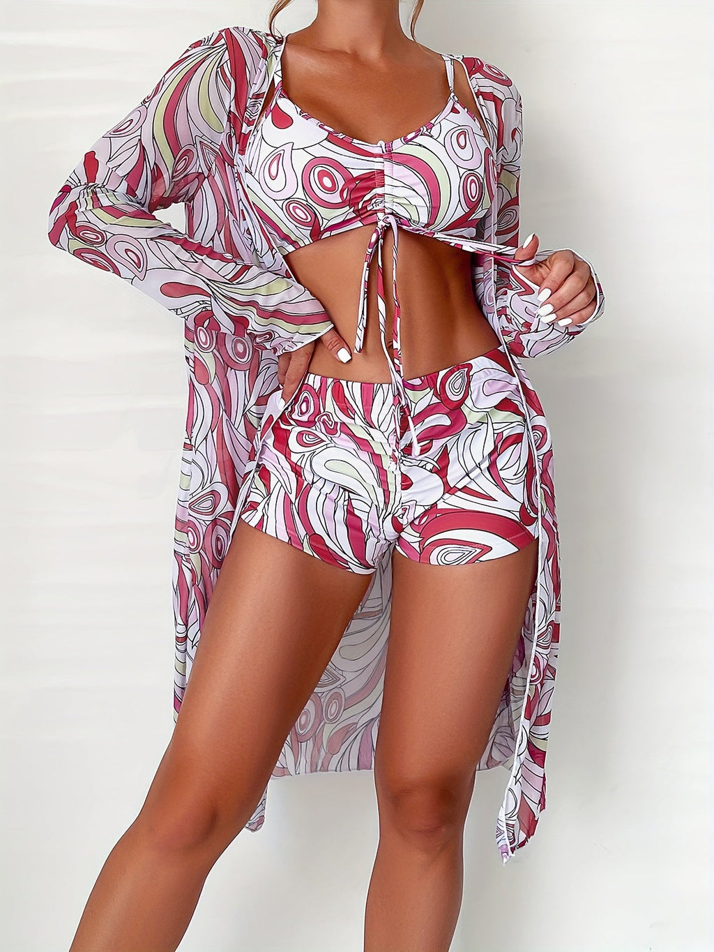 Modern Geo 3-Piece Bikini Set – Vibrant Geometric Print Fluttering Swimwear with V-Neck Top Boxer Shorts Bottoms and Long Sleeve Cover Shirt – Comfortable High-Stretch Women’s Beachwear for Pool & Summer Vacations