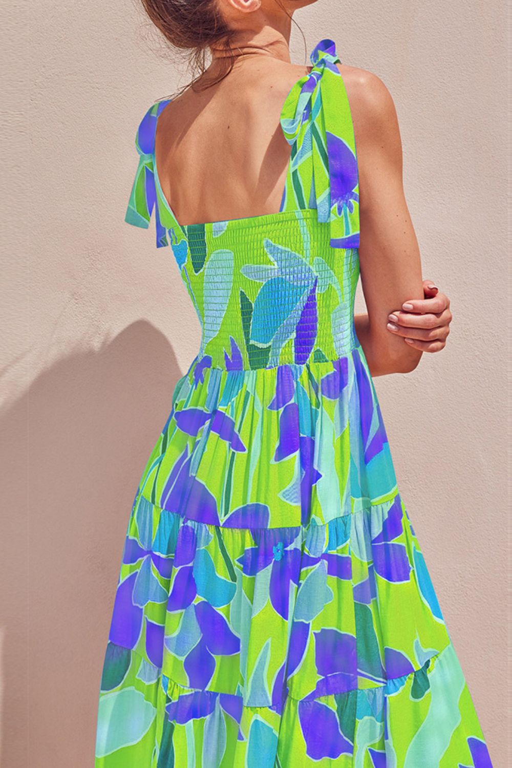 Long Floral Tie-Shoulder Smocked Midi Dress Perfect For Vacation & Summer Days