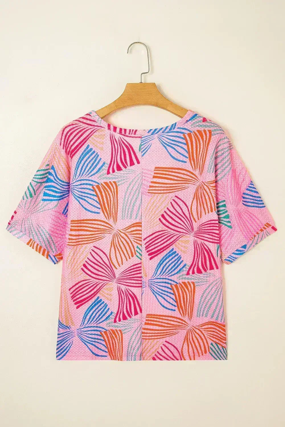 Sky Blue Bowknot Print Waffle Loose Tee
