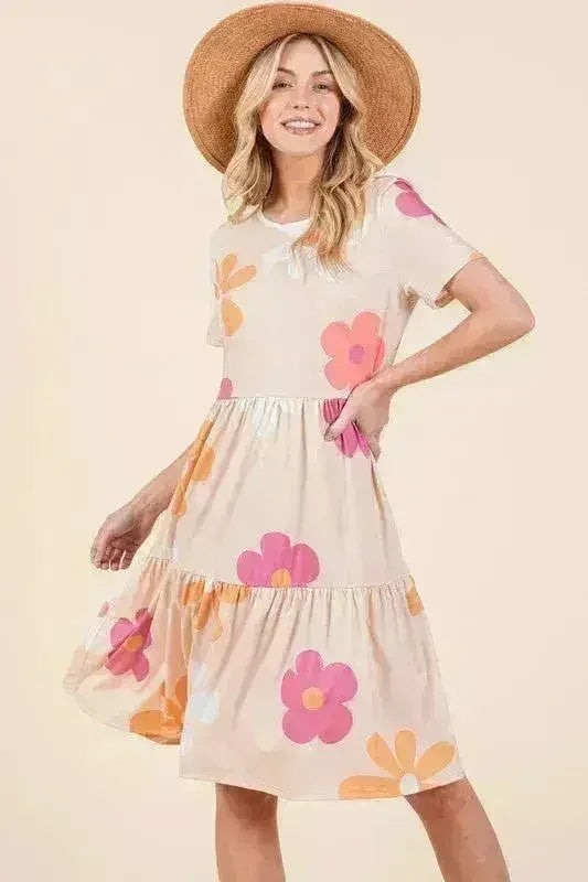 Floral Tiered Summer Dress - Round Neck Short Sleeve | BOMBOM