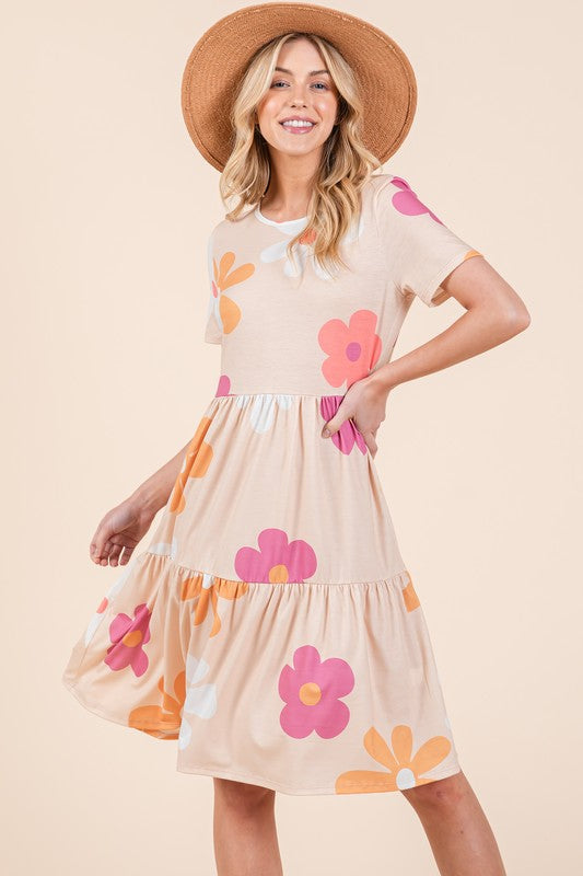 New Floral Round Neck Short Sleeve Tiered Dress For Women–Flowy, Feminine & Perfect for Summer