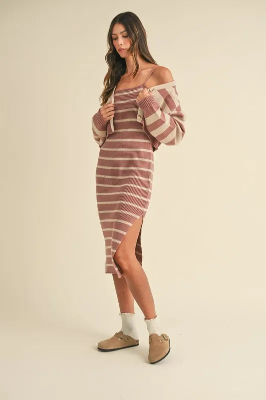 Stripe Crop Cardigan and Bodycon Dress Sweater Set – Two-Piece Knit Set, Striped Crop Cardigan Dress, Cozy Sweater Dress Set, Chic Layered Knit Outfit