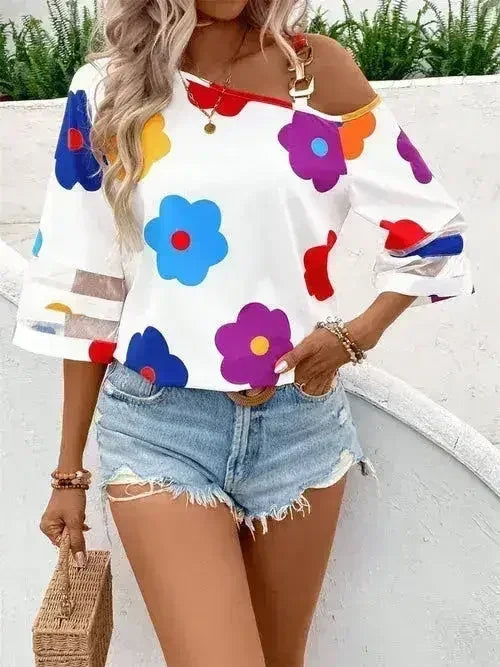 White Color Flower Asymmetrical Neck Blouse | Femstylo