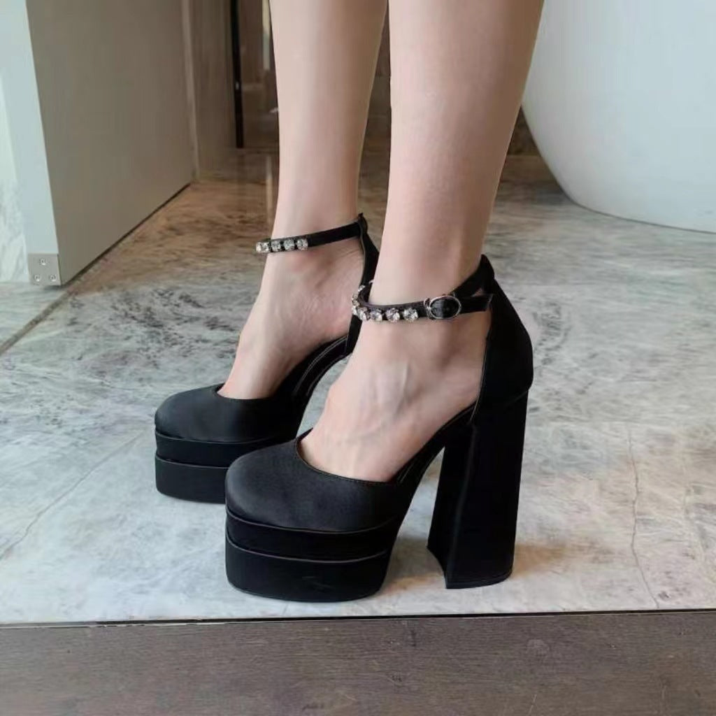 Women's Mary Jane Platform Heels - Chunky Heel Satin Pumps with Rhinestone Strap