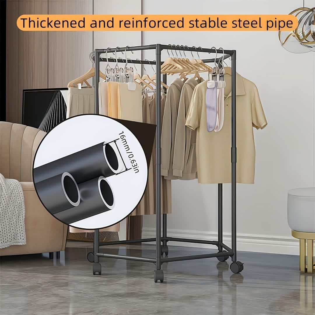 360 Rotating Freestanding Clothing Rack, Hexagonal Carbon Steel Organizer with Wheels