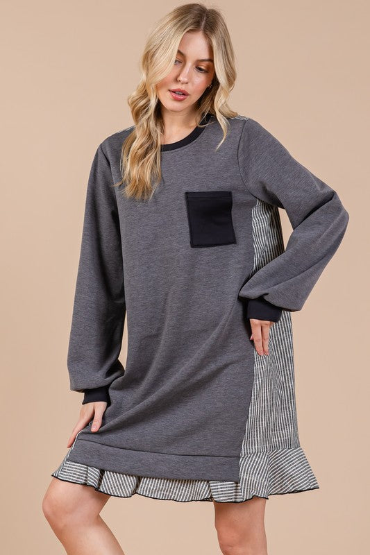 Striped Patchwork Round Neck Terry Sweatshirt Dress For Women – Casual, Trendy, Cozy, Playful, Relaxed Vibe for Everyday Wear