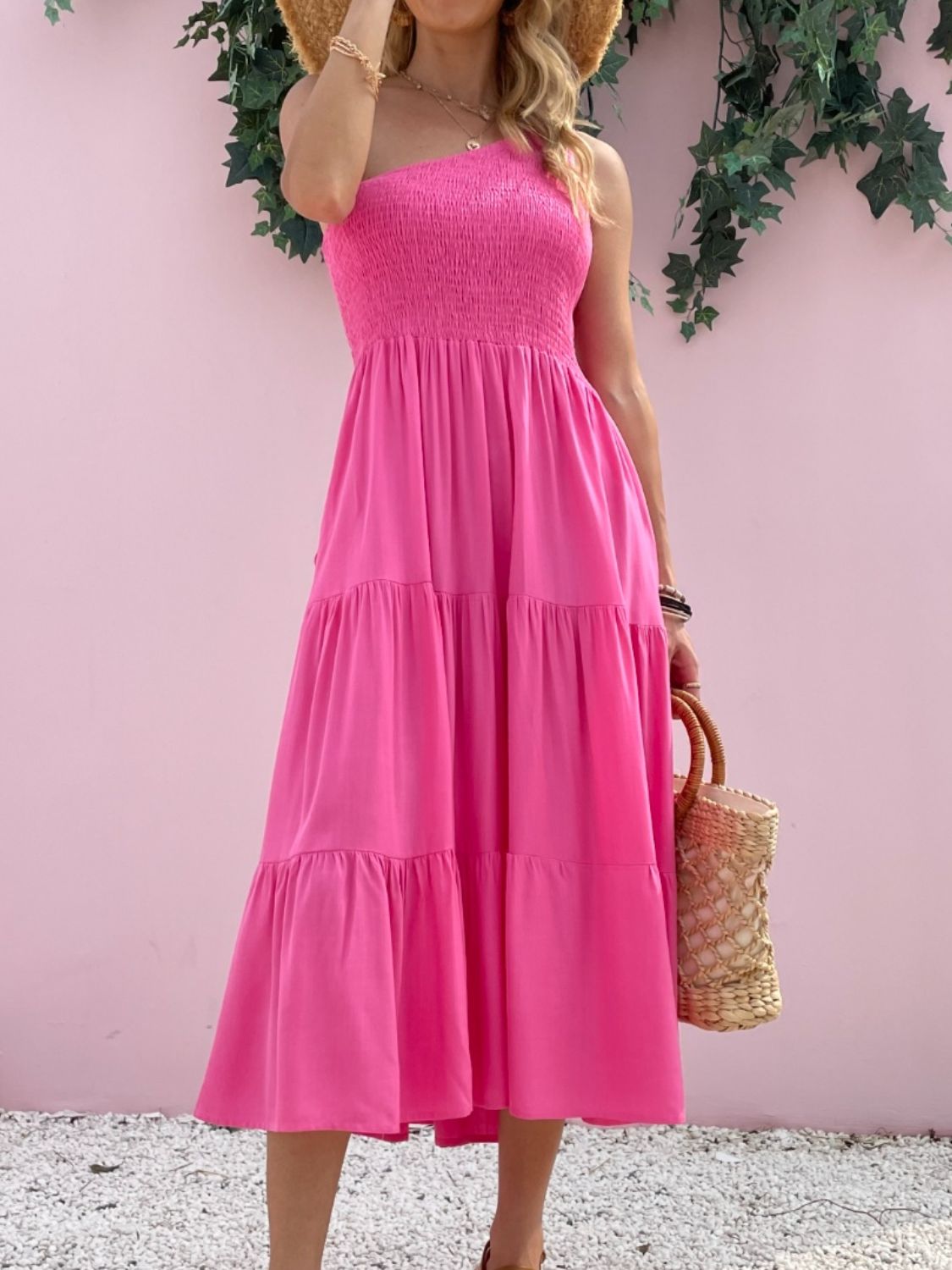 Smocked Single Shoulder Sleeveless Dress Stylish & Comfortable Summer Long Dress Lightweight Dress
