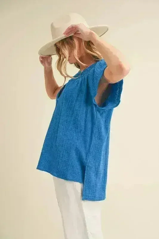 Embroidered Notched Blouse | Side Slit Short Sleeve Top - Femstylo