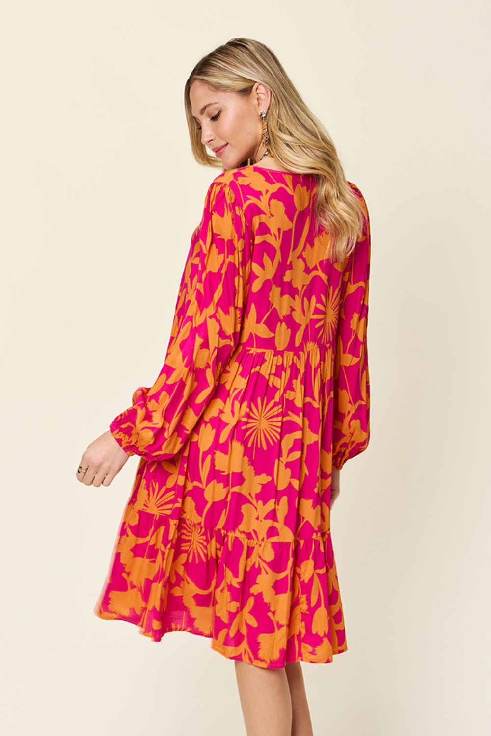 Double Take Full Size Printed Ruffle Hem Dress with Pocket Stylish & Functional Women Dress