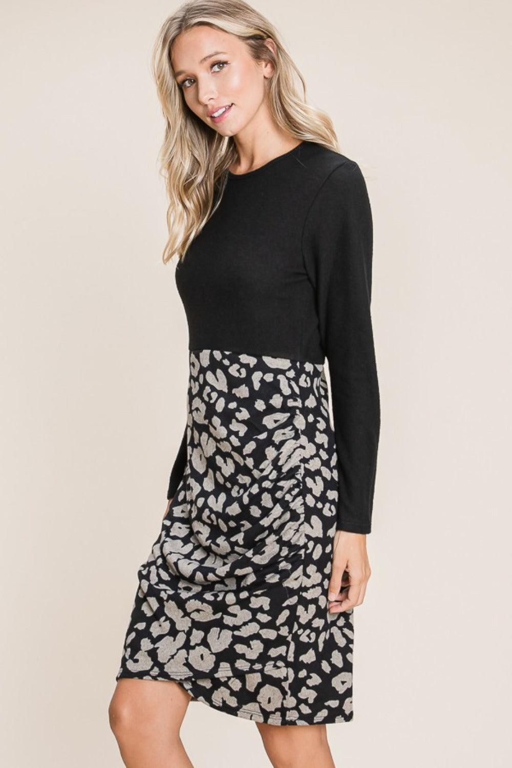 Leopard Color Block Knit Dress – Animal Print Knit Dress, Color Block Sweater Dress, Casual Knit Dress, Fall Fashion Knit Dress, Cozy Long Sleeve Dress