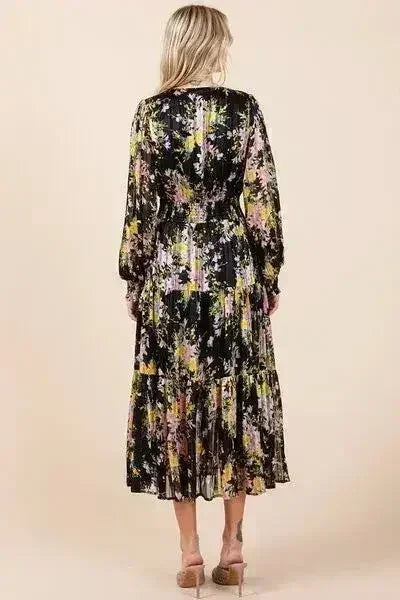 Floral Lurex Stripe Midi Dress – Smocked Waist & Satin Shine | Femstylo